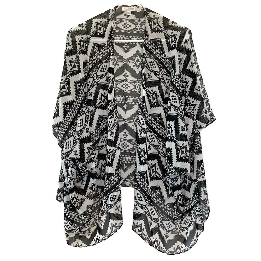 Charming Charlie Sheer Open Front Kimono Wrap Black/White Aztec Print Size L